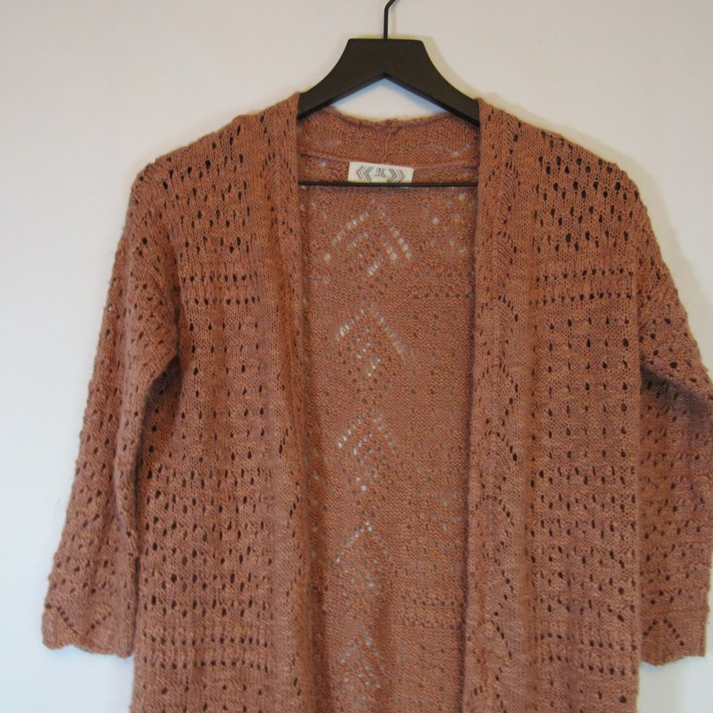 Pink Rose Crochet Open Front Cardigan Sweater - Picture 5 of 8